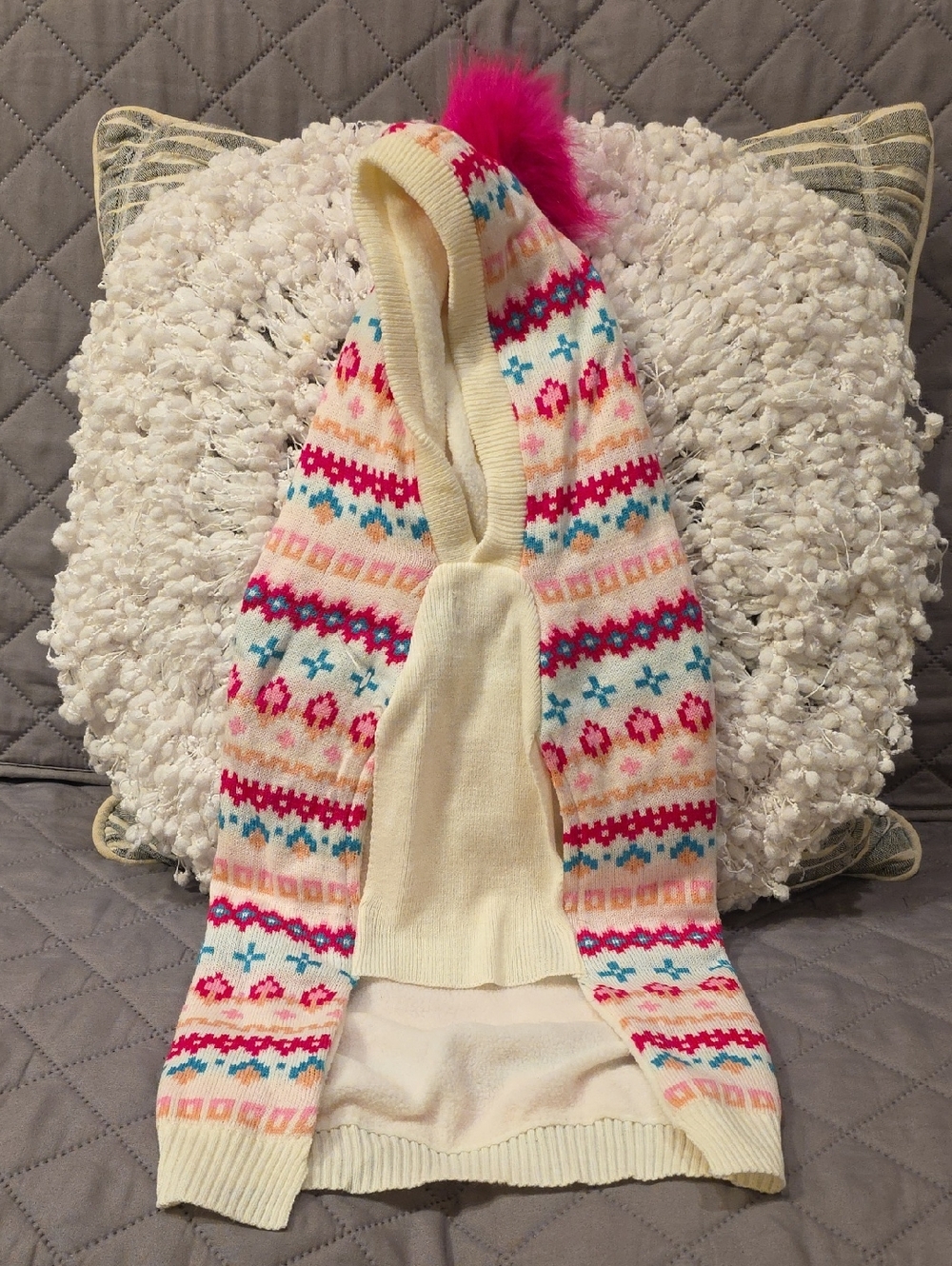 Novogratz Cozy Cream Fair Isle Dog Sweater with Pink Pom
